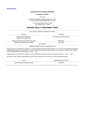 Thumbnail Federal Realty Investment Trust
 10-Q Quarterly Report FY 