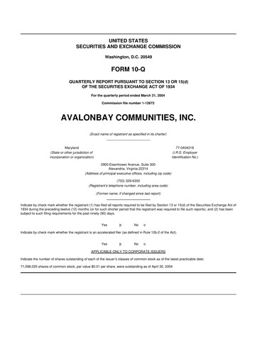 Miniature AvalonBay Communities 10-Q Rapport trimestriel  