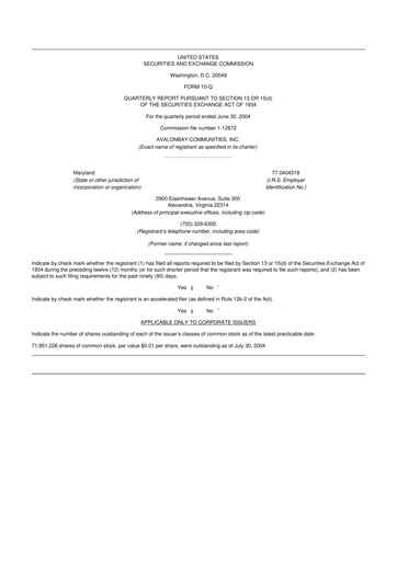 Miniature AvalonBay Communities 10-Q Rapport trimestriel  