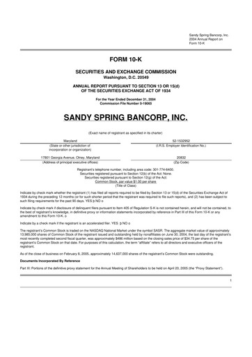 Thumbnail Sandy Spring Bank 10-K Annual Report 