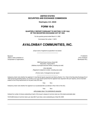Miniature AvalonBay Communities 10-Q Rapport trimestriel  