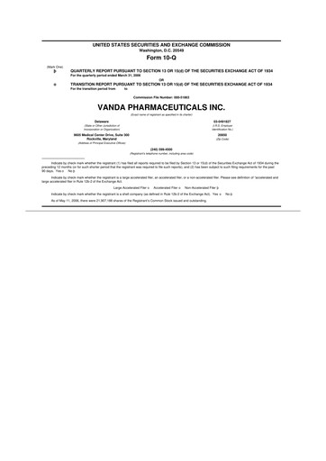 Miniature Vanda Pharmaceuticals 10-Q Rapport trimestriel  