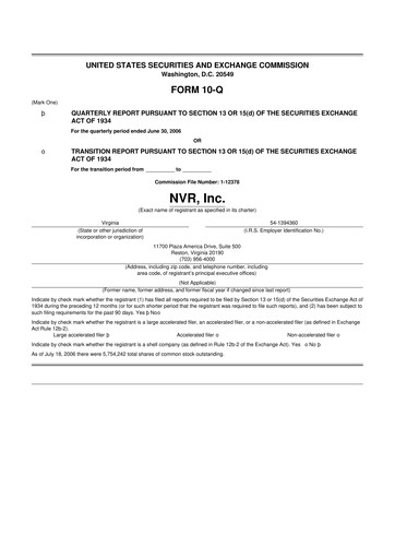 Miniature NVR 10-Q Rapport trimestriel  