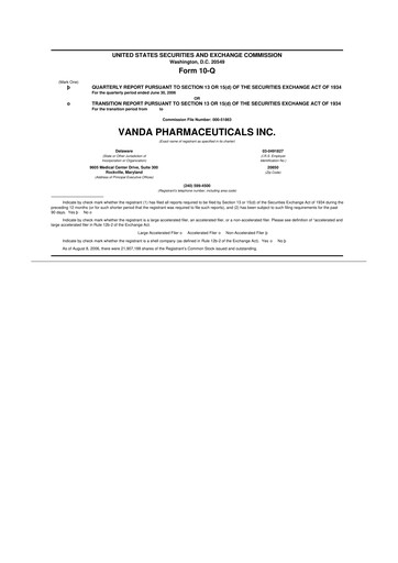 Miniature Vanda Pharmaceuticals 10-Q Rapport trimestriel  