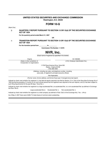 Miniature NVR 10-Q Rapport trimestriel  