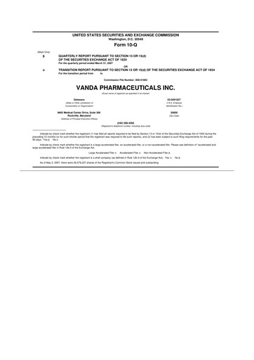 Miniature Vanda Pharmaceuticals 10-Q Rapport trimestriel  
