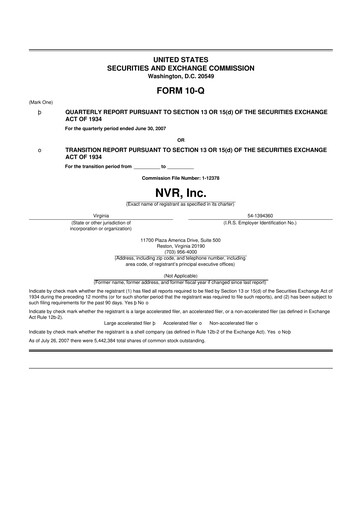 Miniature NVR 10-Q Rapport trimestriel  