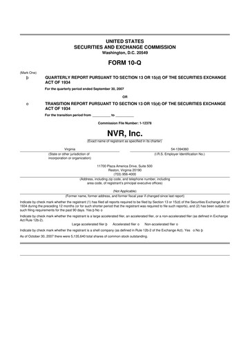 Miniature NVR 10-Q Rapport trimestriel  