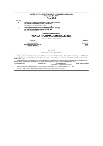 Miniature Vanda Pharmaceuticals 10-Q Rapport trimestriel  