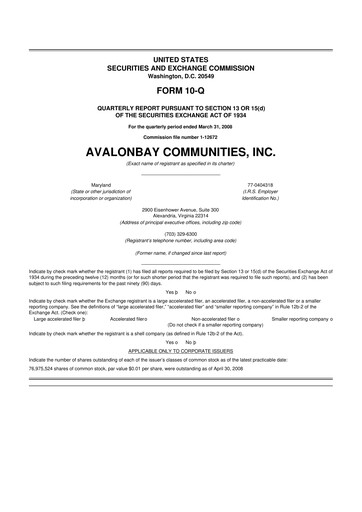 Miniature AvalonBay Communities 10-Q Rapport trimestriel  