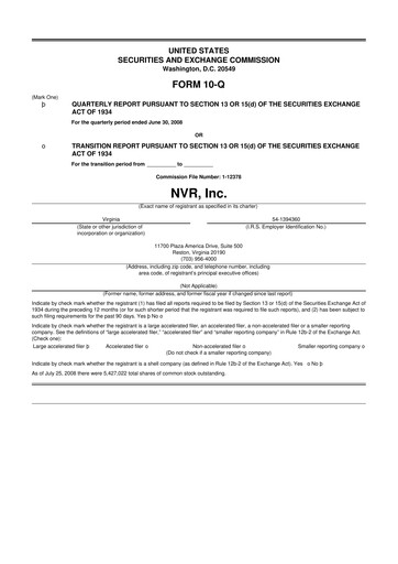 Miniature NVR 10-Q Rapport trimestriel  