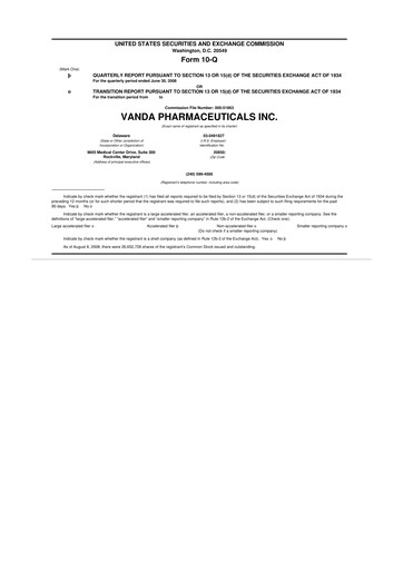 Miniature Vanda Pharmaceuticals 10-Q Rapport trimestriel  