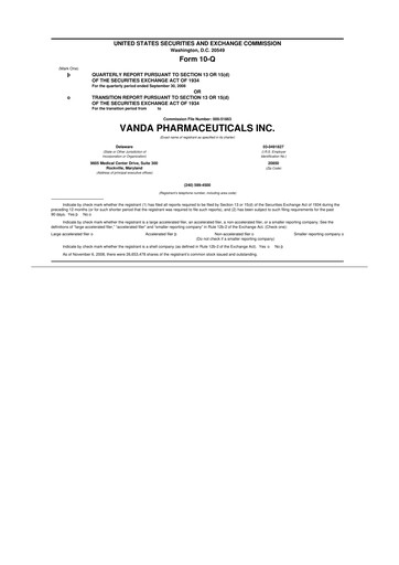 Miniature Vanda Pharmaceuticals 10-Q Rapport trimestriel  