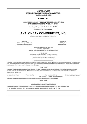 Miniature AvalonBay Communities 10-Q Rapport trimestriel  