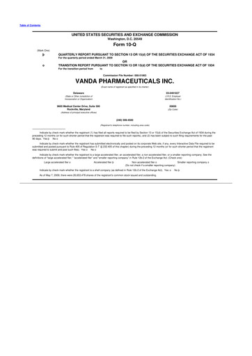 Miniature Vanda Pharmaceuticals 10-Q Rapport trimestriel  