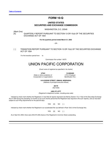 Thumbnail Union Pacific Corporation 10-Q Quarterly Report FY 