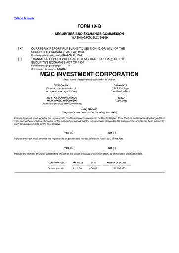 Thumbnail MGIC Investment
 10-Q Quarterly Report FY 