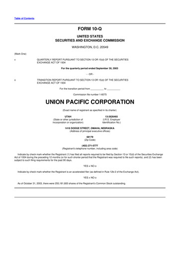 Thumbnail Union Pacific Corporation 10-Q Quarterly Report FY 