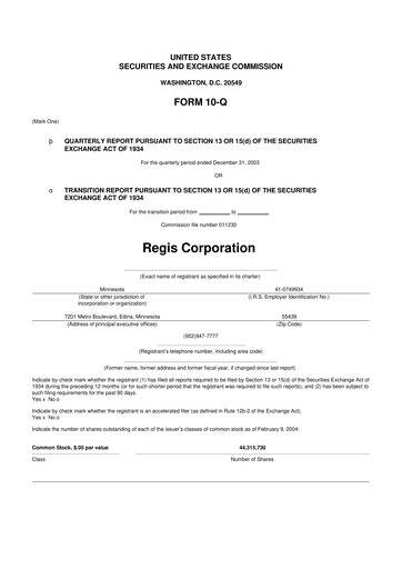 Thumbnail Regis Corporation
 10-Q Quarterly Report FY 