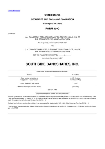 Miniature Southside Bancshares 10-Q Rapport trimestriel  