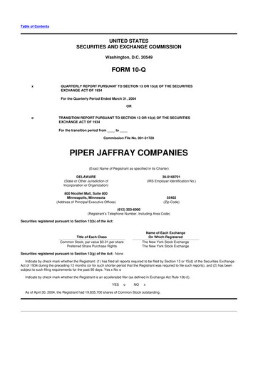 Miniature Piper Sandler
 10-Q Rapport trimestriel  