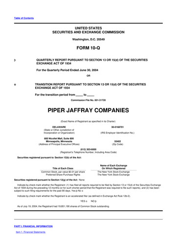 Miniature Piper Sandler
 10-Q Rapport trimestriel  
