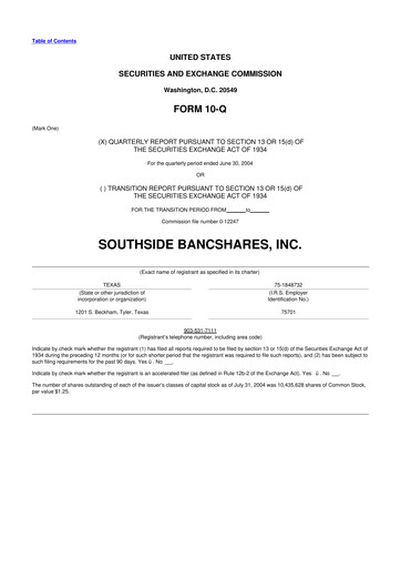Miniature Southside Bancshares 10-Q Rapport trimestriel  