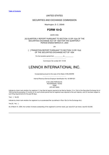 Miniature Lennox 10-Q Rapport trimestriel  