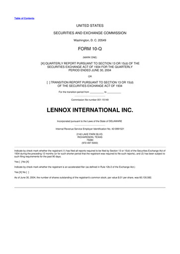 Miniature Lennox 10-Q Rapport trimestriel  