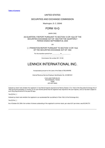 Miniature Lennox 10-Q Rapport trimestriel  