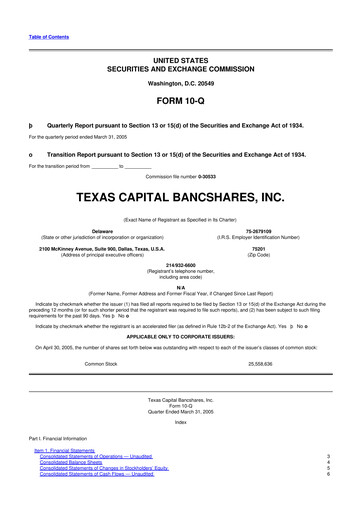 Thumbnail Texas Capital Bancshares 10-Q Quarterly Report FY 