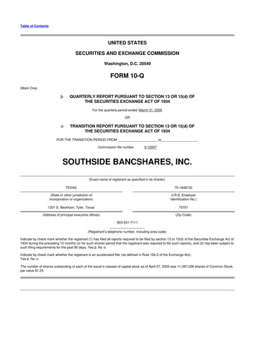 Miniature Southside Bancshares 10-Q Rapport trimestriel  