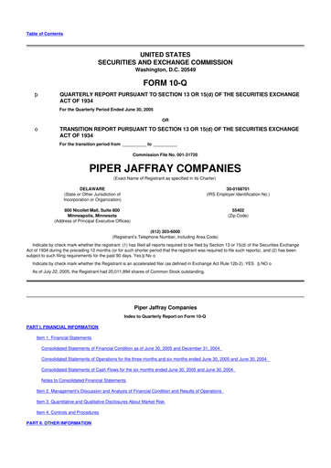 Miniature Piper Sandler
 10-Q Rapport trimestriel  