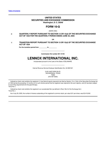 Miniature Lennox 10-Q Rapport trimestriel  