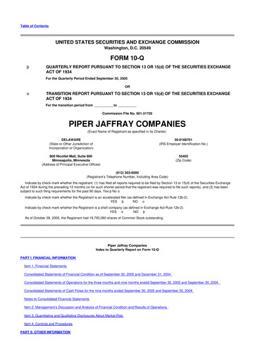 Miniature Piper Sandler
 10-Q Rapport trimestriel  