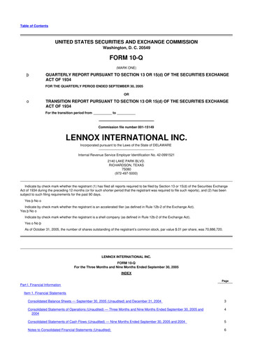 Miniature Lennox 10-Q Rapport trimestriel  