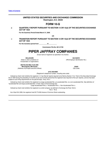 Miniature Piper Sandler
 10-Q Rapport trimestriel  