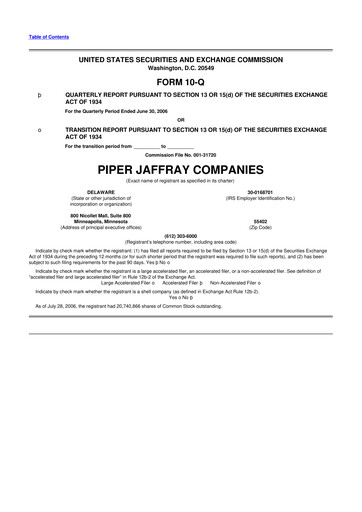 Miniature Piper Sandler
 10-Q Rapport trimestriel  