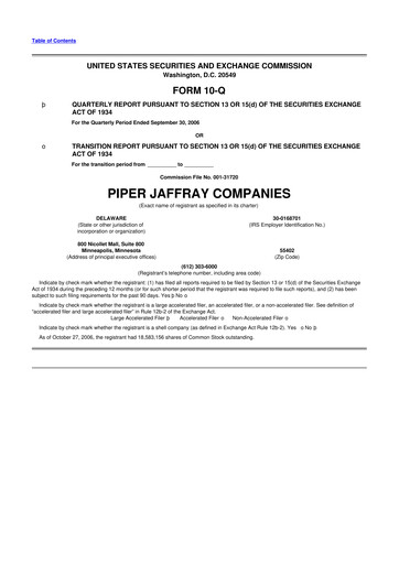 Miniature Piper Sandler
 10-Q Rapport trimestriel  