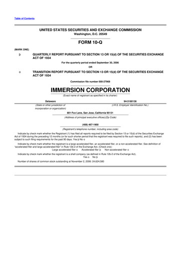 Miniature Immersion Corporation
 10-Q Rapport trimestriel  