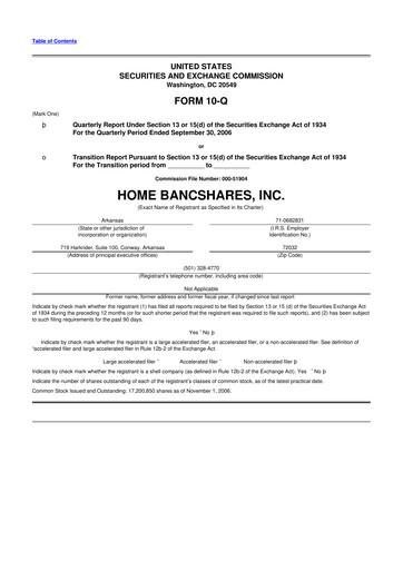 Thumbnail Home BancShares
 10-Q Quarterly Report FY 