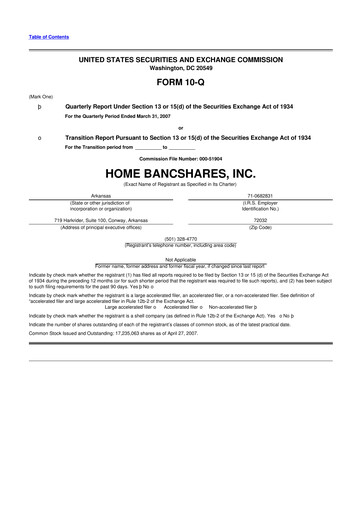 Thumbnail Home BancShares
 10-Q Quarterly Report FY 