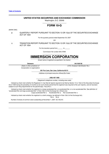Miniature Immersion Corporation
 10-Q Rapport trimestriel  