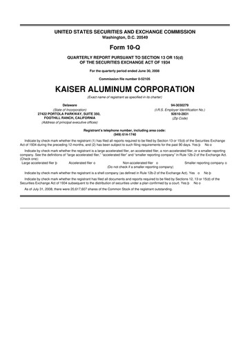 Thumbnail Kaiser Aluminum
 10-Q Quarterly Report FY 