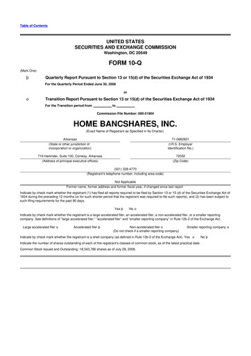 Thumbnail Home BancShares
 10-Q Quarterly Report FY 