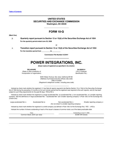 Miniature Power Integrations
 10-Q Rapport trimestriel  