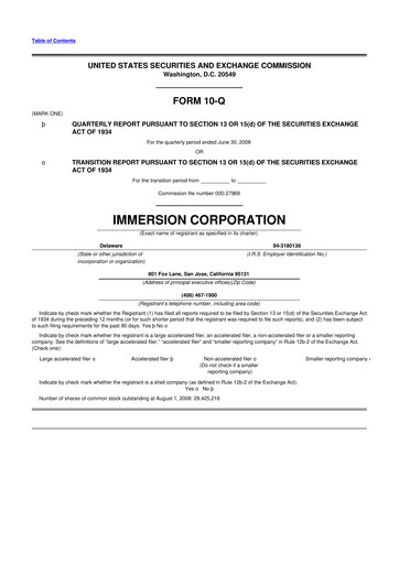 Miniature Immersion Corporation
 10-Q Rapport trimestriel  