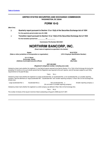 Thumbnail Northrim BanCorp 10-Q Quarterly Report FY 