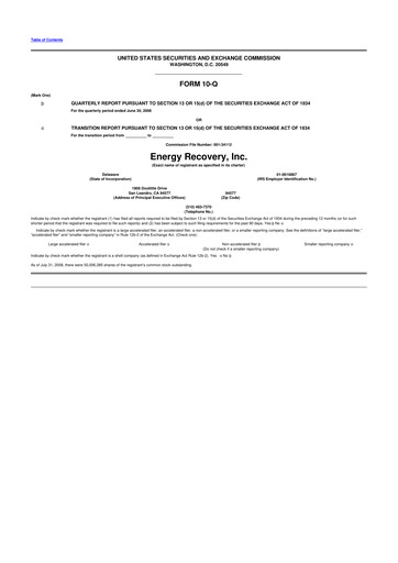 Thumbnail Energy Recovery
 10-Q Quarterly Report FY 