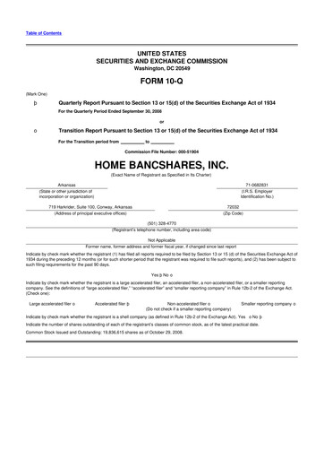 Thumbnail Home BancShares
 10-Q Quarterly Report FY 